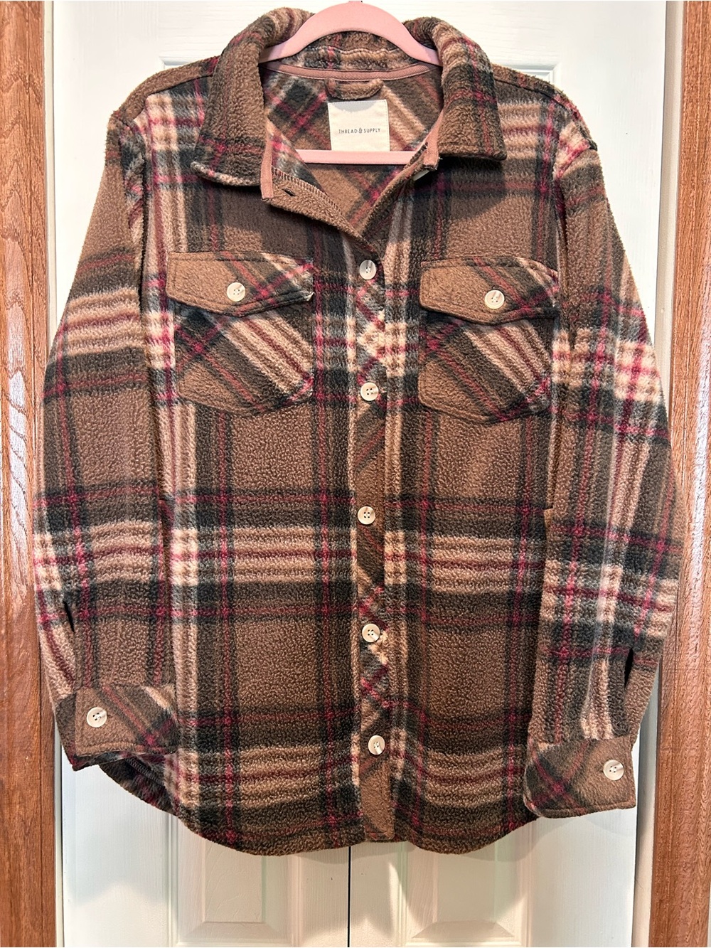 Thread & Supply Multicolor Plaid Fleece Shacket in Brown and Red Tones